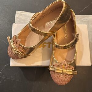Gold Dress Shoes with Rounded Toe and Decorative Strap